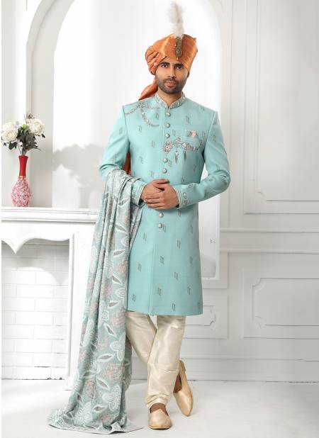 Teal Blue Colour Designer Wedding Wear Art Silk Sherwani Collection 1752